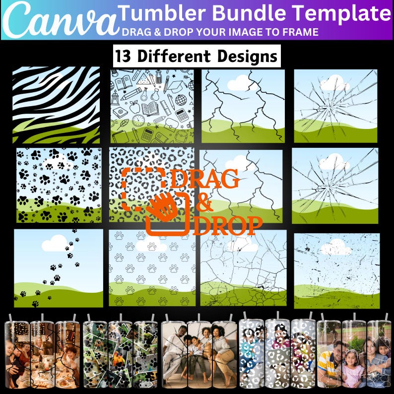 Op de afbeelding: Een set van 13 verschillende ontwerpen voor sublimatiebekers. De ontwerpen omvatten een zebrapatroon, schoolbenodigdheden, een gebarsten glaseffect, pootjes, luipaardprint en meer. De ontwerpen zijn klaar om te worden aangepast met uw eigen afbeeldingen.