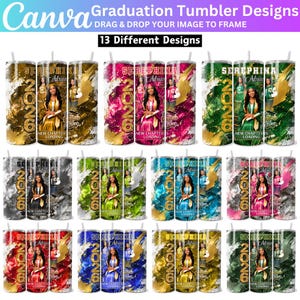 Pode incluir: Uma coleção de designs de canecas de formatura com uma foto de um graduado, o ano de 2026 e o nome "Adrian". As canecas apresentam vários esquemas de cores, incluindo dourado, rosa, verde, azul e vermelho, com o texto "New Chapter Loading."