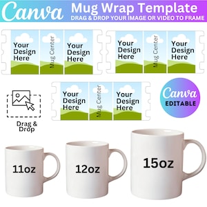 Volledige wrap mok sjablonen, 11oz, 12oz, 15oz canva mok sjablonen, mok sjabloon, sublimatie mokken sjabloon, canva bewerkbare bestanden