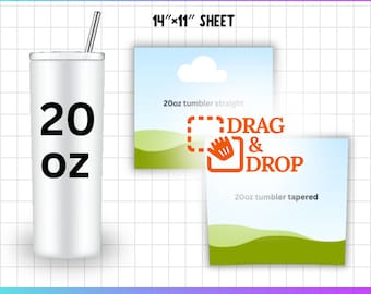 May include: A white 20 oz tumbler template with a straw, and the text "20 OZ". The image includes instructions to drag and drop images into the template. The template is for a 14" x 11" sheet. File formats include SVG, PNG, PDF, DXF, and PSD.