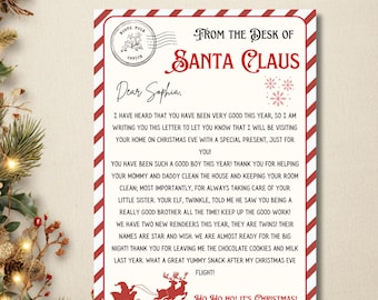 May include: A festive letter from Santa Claus, addressed to Sophia, with a red and white striped border. The letter includes holiday greetings and mentions reindeer, cookies, and Christmas Eve. The Canva logo is in the top left corner.