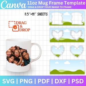 Lot de 8 cadres en toile pour mug photo, lot de 8 emballages de 11 oz avec photo Svg Png, motifs par sublimation de tasse, cadre en toile pour mug photo personnalisé, toile modifiable