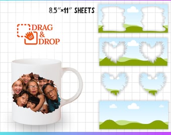 Könnte beinhalten: Eine weiße 11oz Tasse mit einem Fotorahmen in Form eines zerrissenen Randes. Der Rahmen ist mit einem Familienfoto gefüllt. Die Tasse befindet sich auf einem weißen Gitterhintergrund. Der Text "DRAG & DROP YOUR IMAGE TO FRAME" befindet sich oben im Bild. Der Text "8.5"x11" SHEETS" befindet sich unter der Tasse. Der Text "DRAG & DROP" befindet sich in einem roten Feld auf der linken Seite des Bildes. Der Text "SVG | PNG | PDF | DXF | PSD" befindet sich unten im Bild.