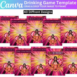 May include: A template for a drinking game with 40 different designs. The design features a pink and yellow background with text that says "Drinking Game Template" and "Drag & Drop Your Image to Frame". Each card has a photo of a woman and text.