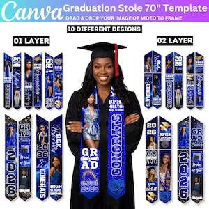 May include: A graduation stole template with 10 different designs. The stoles are blue and feature the text "Congrats", "Grad", and "2026". The image also includes the text "Graduation Stole 70" Template".