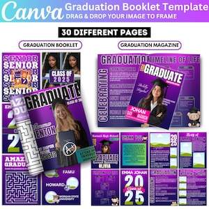 May include: A Canva graduation booklet template with a purple and white design. The template includes layouts for a graduation booklet and magazine, with space for photos and text. Features include a maze, timeline, and thank you pages.