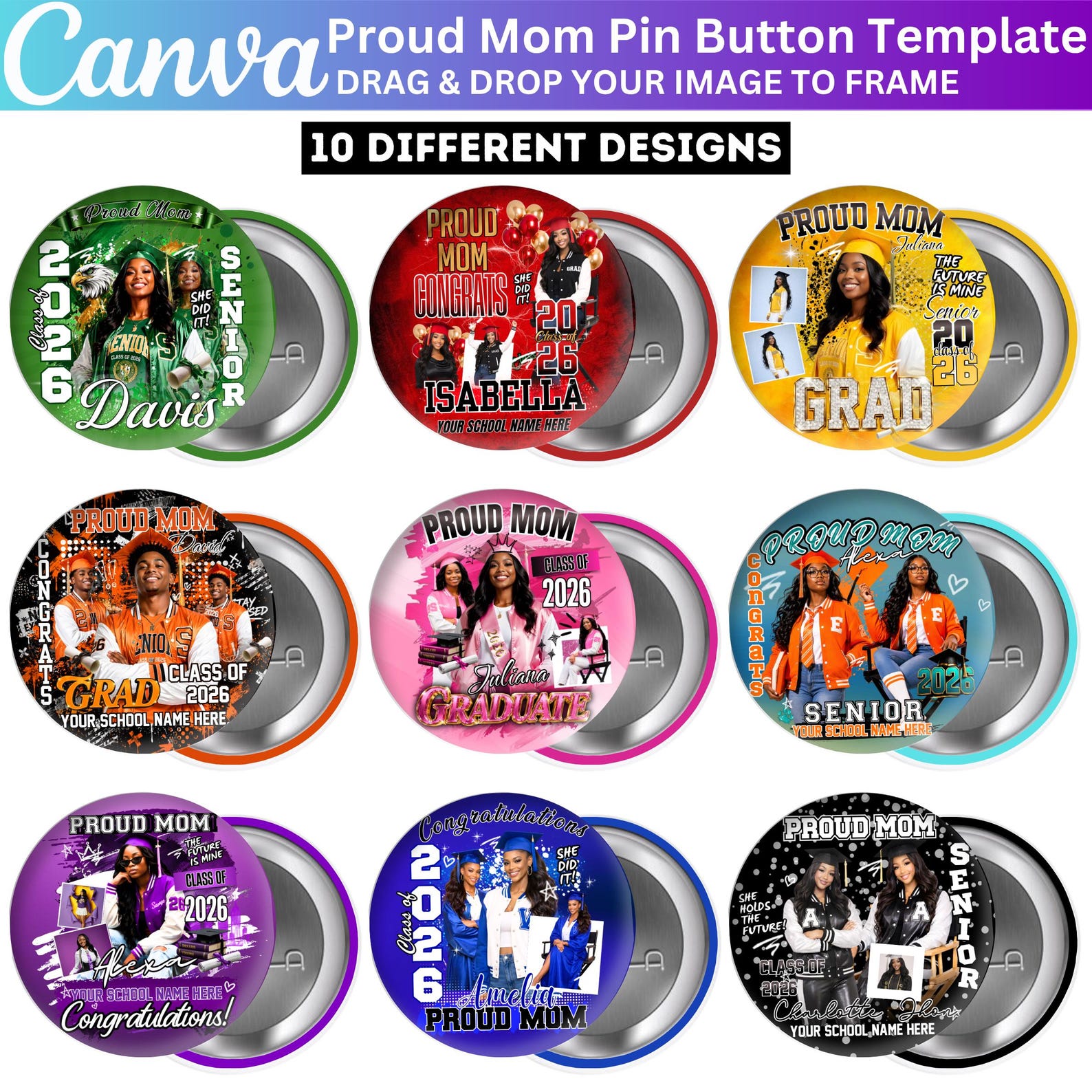 Grad Button Template 10 Proud Mom Graduation Pin Button Template, Canva Editable Congrats ...