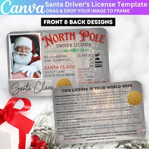 May include: A Santa Driver's License Template design featuring a driver's license with Santa Claus's photo, name, and details. The license includes front and back designs with text and a festive theme. The license is valid worldwide.