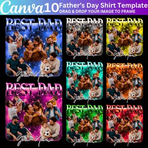 May include: A digital Father's Day shirt template featuring ten distinct square frames with the text BEST DAD in metallic lettering. Each frame displays a starry background in various colors, including blue, pink, yellow, and green, with placeholders for photos of fathers and children.