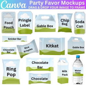 Lot de 14 modèles de cadeaux, maquettes de cadeaux, barre de chocolat, sac de chips, étiquette de bouteille d'eau, boîte à pignons, cadeau