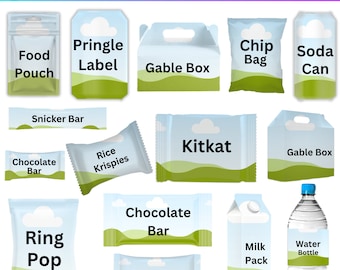 14 Party Favors Canva bearbeitbares Vorlagenpaket, Party Favor Mockups, Schokoriegel, Chip-Beutel, Wasserflaschenetikett, Giebelbox, Party Favor