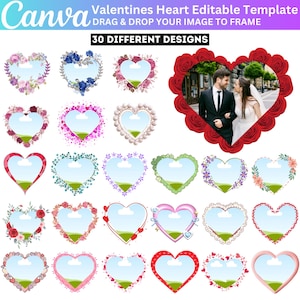 May include: A collection of 30 heart-shaped templates with various decorative designs. Each heart has a blank space for image insertion, surrounded by floral, beaded, and other ornamental borders. The image includes the text "Valentines Heart Editable Template" and "30 Different Designs."