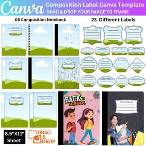 May include: A Canva template for composition notebooks and labels. The image features various notebook designs with green and blue backgrounds, along with label templates. The text includes "Composition Label Canva Template," "08 Composition Notebook," and "23 Different Labels."