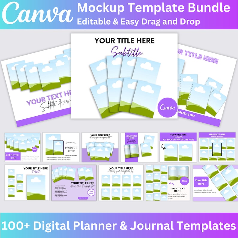 K&ouml;nnte beinhalten: Ein Mockup-Template-Paket f&uuml;r digitale Planer und Journale. Das Bild zeigt eine Vielzahl von Vorlagen mit verschiedenen Layouts und Designs, darunter eine Landschaft mit Wolken und gr&uuml;nen H&uuml;geln, eine Produkttitelseite und eine Seite mit einem Platz zum Einf&uuml;gen von Designdetails. Der Text "Canva" ist im Bild sichtbar.
