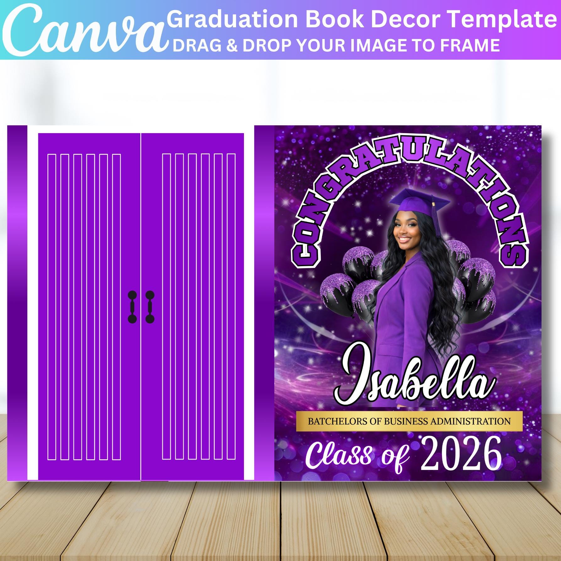 Purple Graduation Book Decor Canva Editable Template, Graduation Panel ...