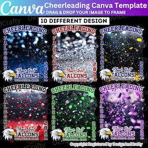 May include: A Canva template for cheerleading designs. The image displays 10 different designs with the word "CHEERLEADING" at the top. Each design includes space for text, the word "FALCONS", the year "202X", and an eagle graphic.