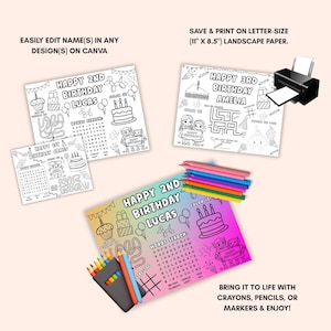 May include: A collection of printable birthday activity sheets with the text "Happy 1st Birthday James", "Happy 2nd Birthday Lucas", and "Happy 3rd Birthday Amelia". The sheets include word searches, mazes, and coloring areas. A set of colored pencils and markers are also included.
