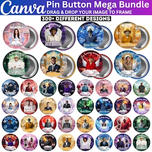 Puede incluir: Una colección digital de plantillas de chapas redondas titulada Canva Pin Button Mega Bundle 300+ Different Designs. La imagen muestra numerosos diseños de chapas conmemorativas redondas con retratos, alas de ángel, nubes y texto.
