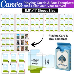 Pode incluir: Um modelo digital para cartas de jogar e uma caixa numa folha de 21,59 cm x 27,94 cm. O layout inclui vários quadros de cartas com imagens de paisagens, um design de caixa plana com o texto "Add your own design" e uma caixa azul em 3D.
