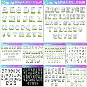 Paquete de letras mayúsculas y números editables de Canva, alfabeto de arrastrar y soltar de Canva, plantilla de marco de Canva, plantilla editable de Canva