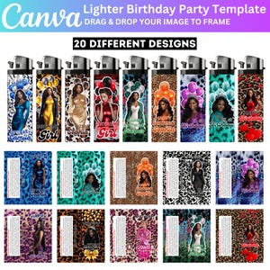 May include: A collection of 20 different lighter designs, each featuring a portrait of a woman, balloons, and birthday greetings. The lighters have various backgrounds, including leopard print and solid colors. The text "Lighter Birthday Party Template" is at the top.