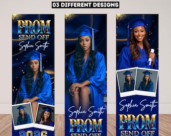 Plantilla de pancarta azul para despedida de graduación (3 unidades) en Canva (editable), decoración para fiesta de graduación 2026, cartel de fondo para la clase de 2026 (imprimible y descargable).