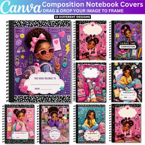 May include: A collection of ten spiral-bound composition notebook covers featuring illustrations of children with diverse hairstyles and school-themed accessories like backpacks, lockers, and stationery, with text fields for names and grades.