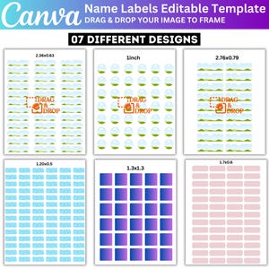 Könnte beinhalten: Ein Bild, das eine Canva-Vorlage für editierbare Namensetiketten zeigt, mit sieben verschiedenen Designs. Die Etiketten variieren in der Größe, mit Optionen wie 6x1,6 cm und 2,5 cm. Die Vorlage enthält eine "Drag & Drop"-Funktion zur Anpassung.