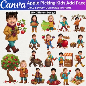 Puede incluir: Una colección digital de más de 15 diseños Apple Picking Kids Add Face con ilustraciones de niños con ropa de otoño interactuando con manzanas, árboles, cestas y carritos. Los gráficos incluyen el texto Apple Picking Kids Add Face.