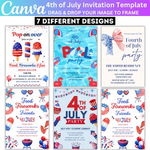 Modèle modifiable sur toile d'invitation du 4 juillet, invitation barbecue du 4 juillet, jour de l'indépendance, carte d'invitation fête dans la piscine, célébration patriotique