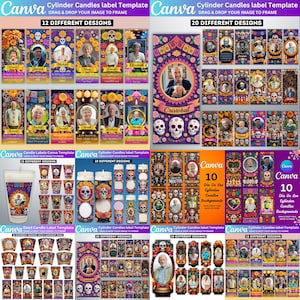 May include: A collection of cylinder candle label templates with various designs. The labels feature portraits, floral elements, and Day of the Dead themes. The text "Canva" is visible, along with the phrase "Cylinder Candles label Template".