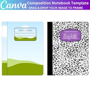 Könnte beinhalten: Zwei Notizbücher. Eines hat ein Landschaftsdesign mit grünen Hügeln und blauem Himmel. Das andere hat ein schwarz-weißes Leopardenmuster mit dem Namen "Sophia" auf dem Etikett. Beide haben "Composition Book"-Etiketten.