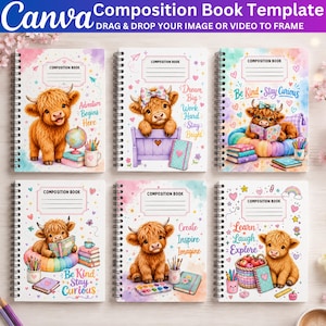 May include: Six spiral-bound composition books featuring illustrations of fluffy highland calves. Each cover displays a unique scene with pastel watercolor accents, hearts, stars, and motivational text like Adventure Begins Here and Be Kind Stay Curious.