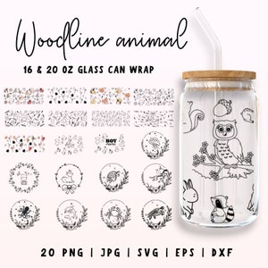 Może przedstawiać: Zestaw 20 cyfrowych wzorów z leśnymi zwierzętami, w tym sowa, jeleń, żółw, ośmiornica i szop pracz. Wzory są w czerni i bieli i idealnie nadają się do tworzenia niestandardowych opakowań na szklane puszki o pojemności 473 ml i 591 ml.