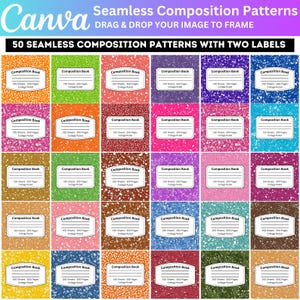 May include: A grid of 50 composition notebooks with various speckled backgrounds. Each notebook has a white label with the text "Composition Book" and details about the number of sheets and pages. The image also includes the text "Canva" and "50 Seamless Composition Patterns".