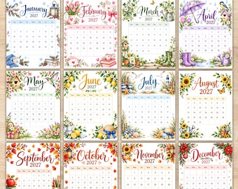 Printable 2027 Calendar, Cute Monthly Calendar 2027, 12 Month Calendar, 2027 Planner, Home School Calendar, Digital PDF, Instant Download