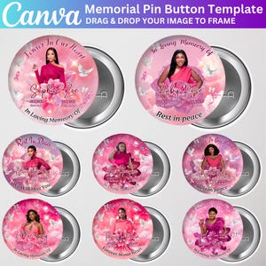 Può includere: Una collezione di modelli di bottoni a spillo commemorativi. Ogni bottone presenta la foto di una persona, circondata da disegni floreali e di nuvole rosa. Il testo include nomi, date e frasi come "In Loving Memory Of."