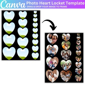 May include: A Canva photo heart locket template with a black background. The template features heart-shaped frames filled with family and couple photos. Text reads "Photo Heart Locket Template" and "Drag & Drop Your Image to Frame".