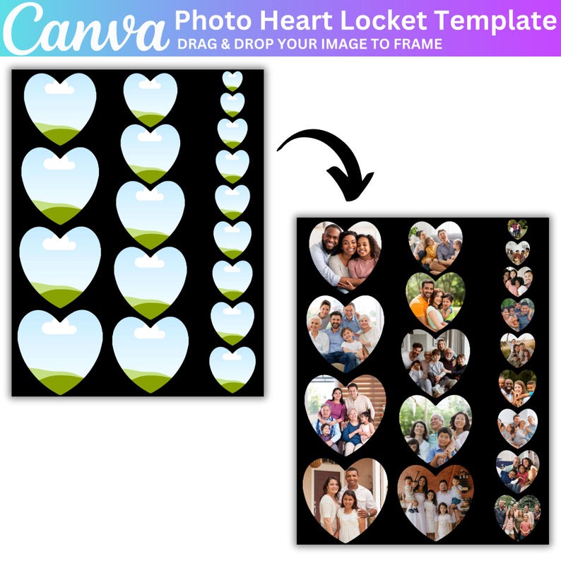 May include: A Canva photo heart locket template with a black background. The template features heart-shaped frames filled with family and couple photos. Text reads "Photo Heart Locket Template" and "Drag & Drop Your Image to Frame".
