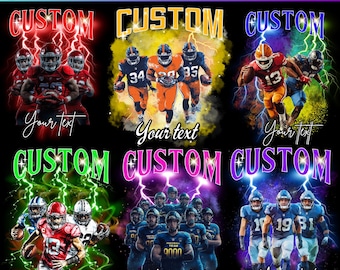 Könnte beinhalten: Sechs verschiedene Designs für personalisierbare Fußball-Team-T-Shirts. Jedes Design zeigt eine Gruppe von Fußballspielern in verschiedenen Posen und Farben, mit Blitzen und dem Text "CUSTOM" in Fettdruck. Der Text "Your text" erscheint unter jedem Design.