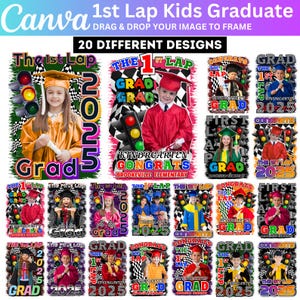 May include: A collage of 20 different designs for kids' graduation announcements. Each design features a child in a graduation cap and gown, with text that reads "The 1st Lap" and "Grad". The designs include a race car theme.