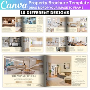 Op de afbeelding: Een sjabloon voor een vastgoedbrochure met het Canva-logo en de tekst "Property Brochure Template". De brochure bevat 10 verschillende ontwerpen met interieurfoto's van badkamers, keukens, slaapkamers en woonkamers. De Monarch Villa wordt getoond.