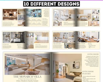Modelo editável de brochura de imóvel no Canva, designs de brochuras para imóveis de luxo, revista imobiliária, folheto de anúncio, brochura para visitação aberta.