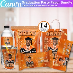 May include: A graduation party favor bundle with orange and white designs. The bundle includes water bottles, chip bags, juice pouches, candy bars, and gift bags. Each item features a photo of a graduate, the word "GRAD", and the year "2026".