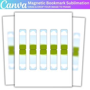 May include: A stack of white paper sheets with a design for magnetic bookmarks. Each bookmark features a blue sky, white cloud, and green landscape design. The top of the image reads "Magnetic Bookmark Sublimation".