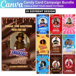 Könnte beinhalten: Ein Canva Candy Card Campaign Bundle mit 10 verschiedenen Designs. Jede Karte hat ein Süßigkeiten-Thema mit Texten wie "Wähle mich" und "Klassensprecher". Die Karten zeigen Snickers, Skittles, Twix und andere Süßwarenmarken.