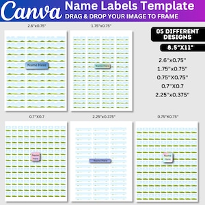 Può includere: Un modello di etichette nominative Canva con cinque diversi design su un foglio da 8,5"x11". Le etichette includono varie dimensioni: 2,6"x0,75", 1,75"x0,75", 0,75"x0,75", 0,7"x0,7" e 2,25"x0,375". Ogni etichetta mostra un grafico paesaggistico.