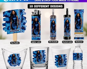 Adult birthday Party Favor Bundle, Blue Birthday Party Designs, Lighter Backwood, Styrofoam Cup Shot Glass Party Bucket Cigar Custom Label