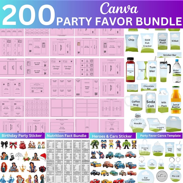 200+ Party Favor Template Bundle, Canva Editable Party Favor, Chip Bag Water Bottle Labels Shoe Box Template, Free Nutrition Facts & Sticker