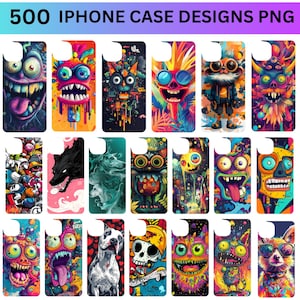 Könnte beinhalten: Eine Sammlung von 20 farbenfrohen iPhone-Hülle-Designs mit verschiedenen Comicfiguren, abstrakten Mustern und grafischen Illustrationen. Die Designs sind lebendig und auffällig, mit einer Mischung aus leuchtenden Farben und kräftigen Linien.